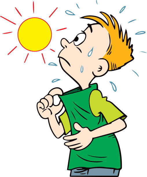 Boy Sweats In Very Hot Summer Days Stock Illustration - Download Image Now  - Heat - Temperature, Child, Cartoon - iStock