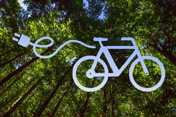 View into the Canopy of a Forest Combined with the Shape of an Electric Bike, Cable and Plug