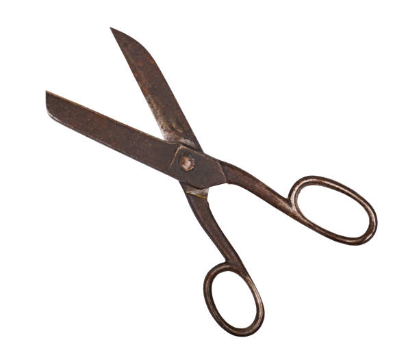 istock Antique insulated on white old rusty metal scissors, close up, shallow depth of sharpness 1291806320