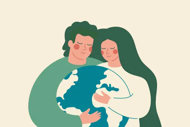 Vector illustration of Young woman and man embrace green planet Earth with care and love. Family support the Environment conservation and energy-saving concept.