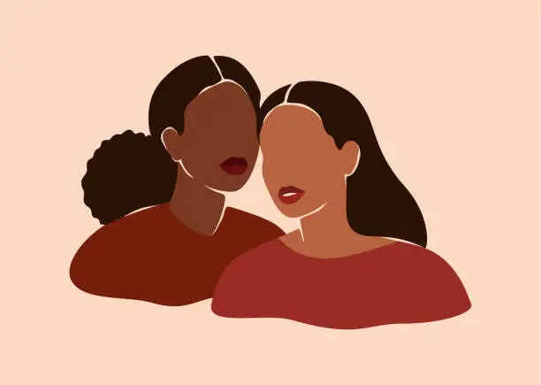 Vector illustration of Two beautiful black women stand together. Strong African American girls side by side. Sisterhood and females friendship.