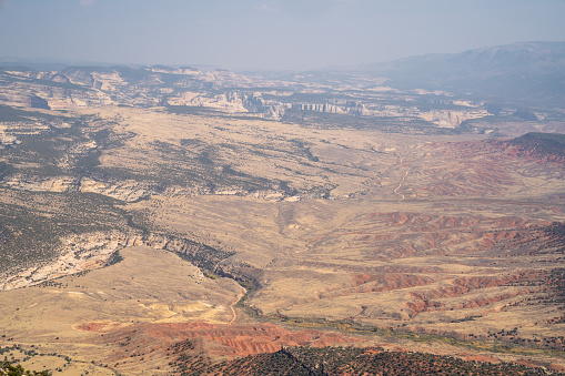 Hazy, polluted, poor air quality sky over the canyon of Dinosaur National Monument Colorado