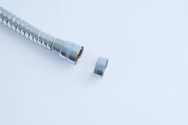 Chrome metal liner shower head hose broken. White background.