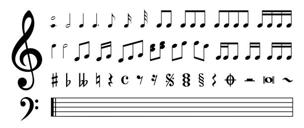 musik noten und symbole set - stock vector illustration - writing instrument illustrations stock-grafiken, -clipart, -cartoons und -symbole