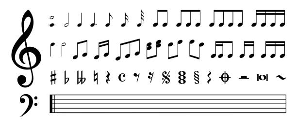 ilustrações, clipart, desenhos animados e ícones de conjunto de notas musicais e símbolos - ilustração vetorial de estoque - musical note