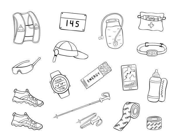 ręcznie rysowane urządzenia i akcesoria do biegania po szlakach - off track running illustrations stock illustrations