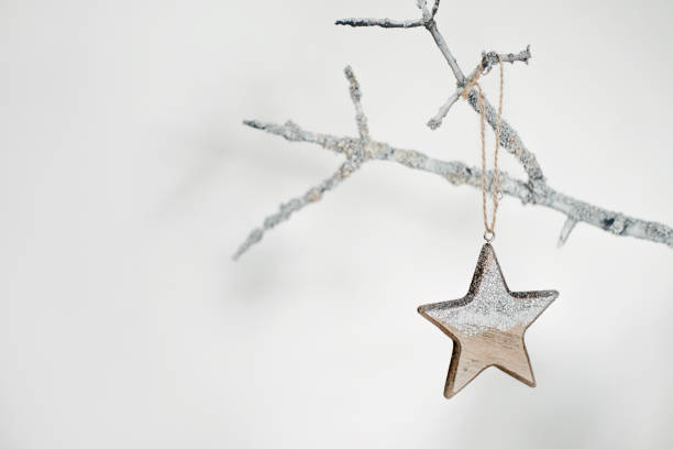 istock Sustainable, zero waste Christmas natural decoration with white tree branch in macrame vase and wooden Christmas tree toy star. Xmas simple minimalist elegant design with natural elements 1291816948