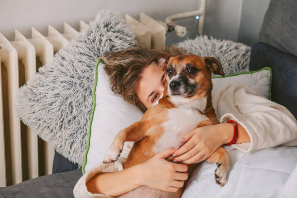 istock Sick woman with protective face mask and her dog lying on the sofa 1291817048