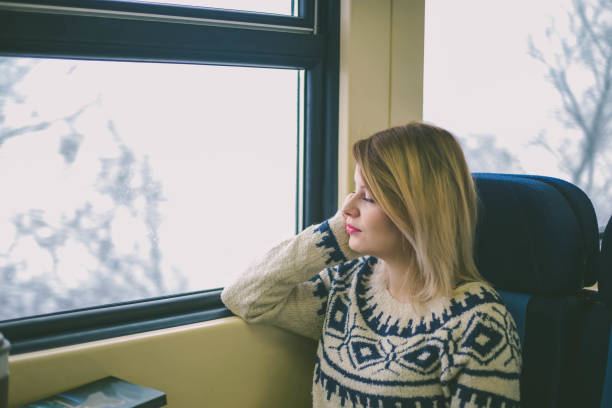 istock Woman in the train looking through the window 1291817761