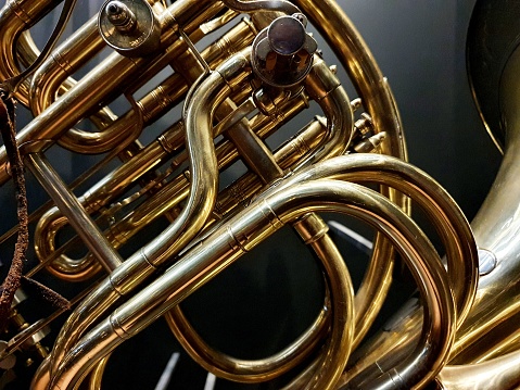 Isolated image of a shiny brass french horn with intricate details. 3d render