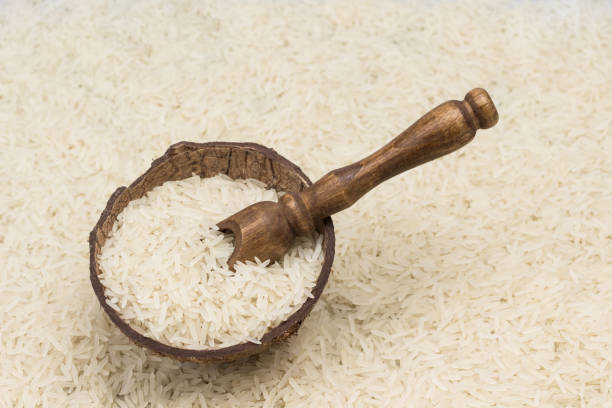ryż basmati w łupinach kokosowych z drewnianą miarką. - carbohydrate rice cereal plant uncultivated zdjęcia i obrazy z banku zdjęć