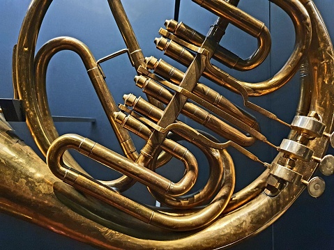 Horn (French horn) close-up image of the brass instrument captured in Switzerland.