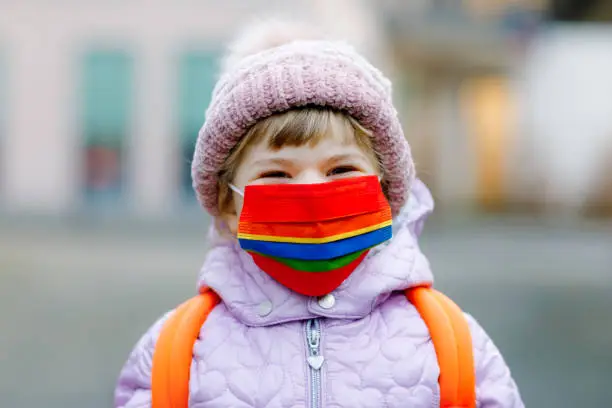 Little kid girl wearing medical mask on the way to kindergarten, playschool or nursery. Child with backpack satchel on cold day with warm clothes. Lockdown and quarantine time during corona pandemic.