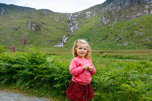 Cute little happy toddler girl in Glenveagh national park in Ireland. Smiling and laughing baby child having fun spending family vacations in nature. Traveling with small kids.