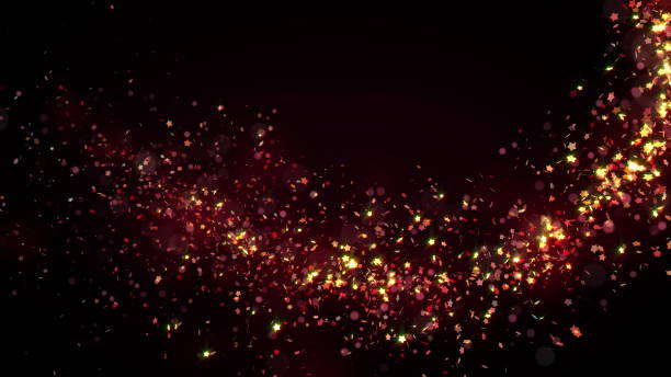 Golden glitter flight with sparkling light. Shining Christmas particles background stock photo