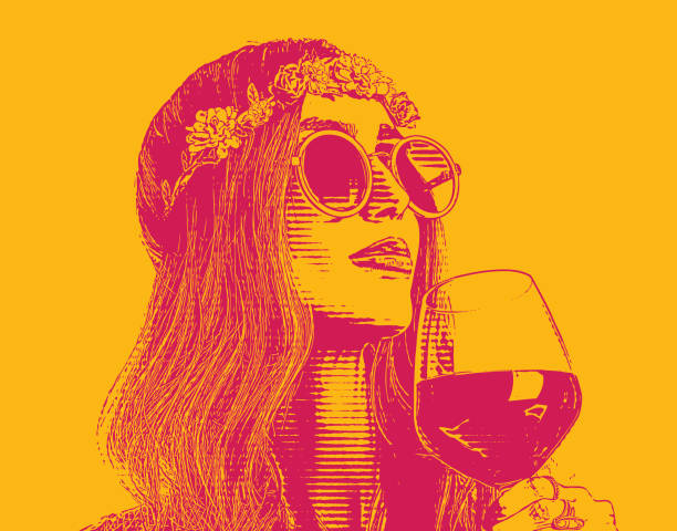 illustrations, cliparts, dessins animés et icônes de boho femme hippie buvant le verre de vin. - orange beauty serious retro revival