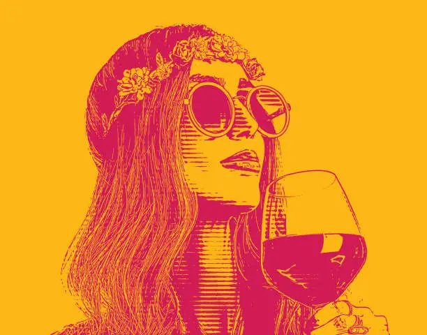 Vector illustration of Boho hippie woman drinking glass of wine.
