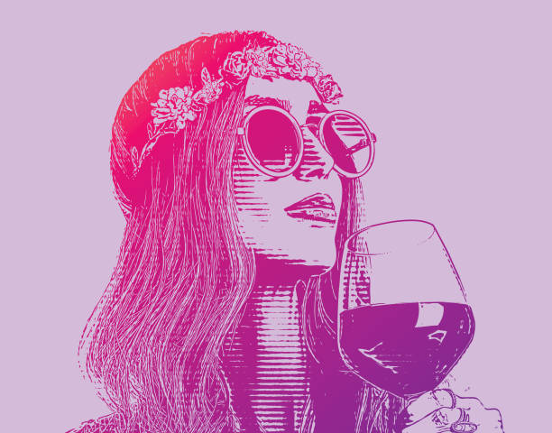 Boho hippie woman drinking glass of wine.
