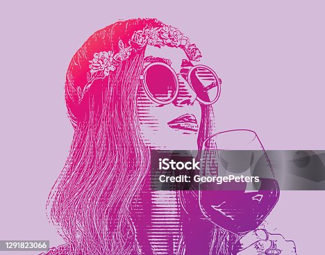 istock Boho hippie woman drinking glass of wine. 1291823066
