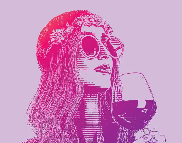 Vector illustration of Boho hippie woman drinking glass of wine.