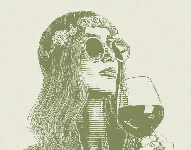 Vector illustration of Boho hippie woman drinking glass of wine.