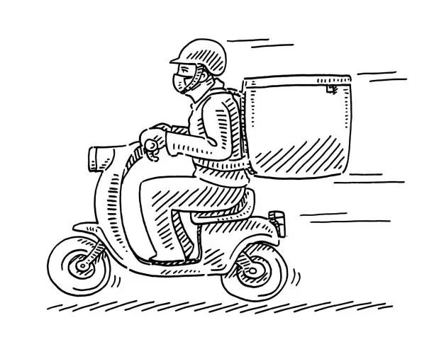 Vector illustration of Delivery Man On Scooter Drawing