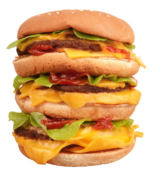 This is a high, huge hamburger isolated on white background.