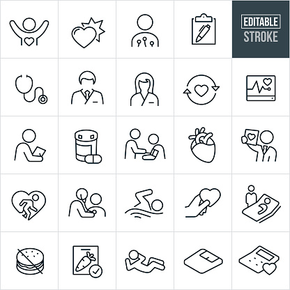 A set cardiology icons that include editable strokes or outlines using the EPS vector file. The icons include a male cardiologist, female cardiologist, cardiology health care, human heart, person with healthy heart, heart attack, stethoscope, electrocardiography, EKG, patient, doctor, physician, medication, prescription, MRI, fitness, person running, person getting heart checked by cardiologist, person swimming to get healthy, cardiology patient in bed, unhealthy food, healthy food, person doing sit-ups, weight scale, calculator, a patient getting blood pressure checked, a patient getting a medical exam and other similar themed icons.