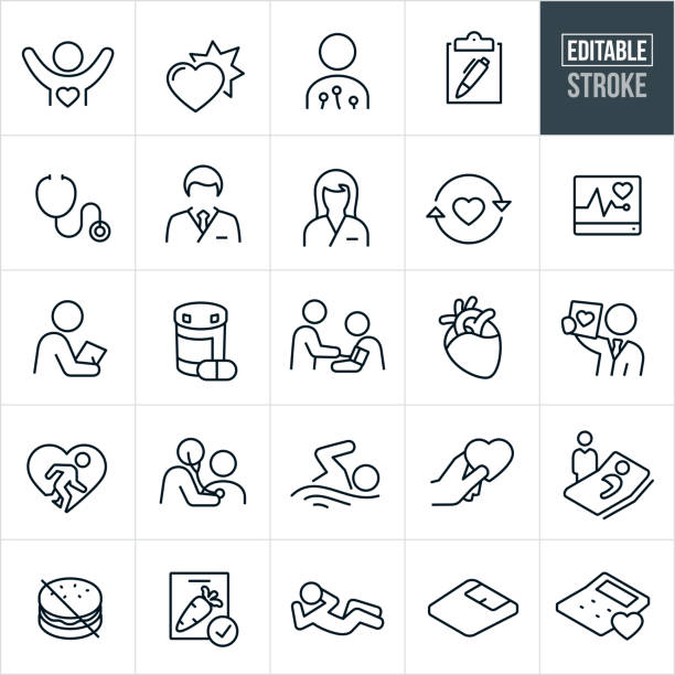 Cardiology Thin Line Icons - Editable Stroke A set cardiology icons that include editable strokes or outlines using the EPS vector file. The icons include a male cardiologist, female cardiologist, cardiology health care, human heart, person with healthy heart, heart attack, stethoscope, electrocardiography, EKG, patient, doctor, physician, medication, prescription, MRI, fitness, person running, person getting heart checked by cardiologist, person swimming to get healthy, cardiology patient in bed, unhealthy food, healthy food, person doing sit-ups, weight scale, calculator, a patient getting blood pressure checked, a patient getting a medical exam and other similar themed icons. professional runner stock illustrations