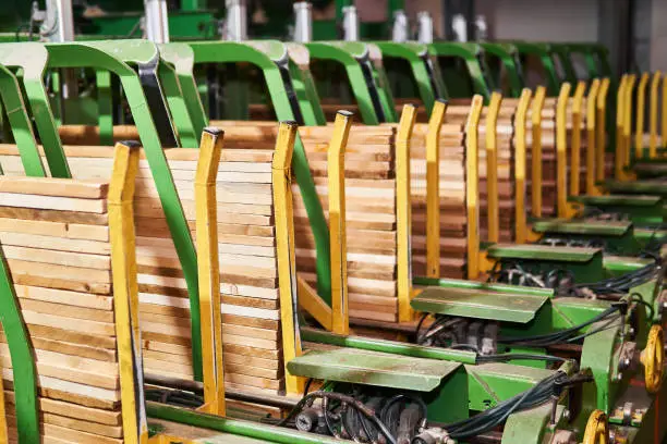 Photo of conveyor line for the production of planks in a woodworking plant