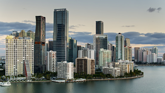 Aerial view of Downtown Miami from across Biscayne Bay.