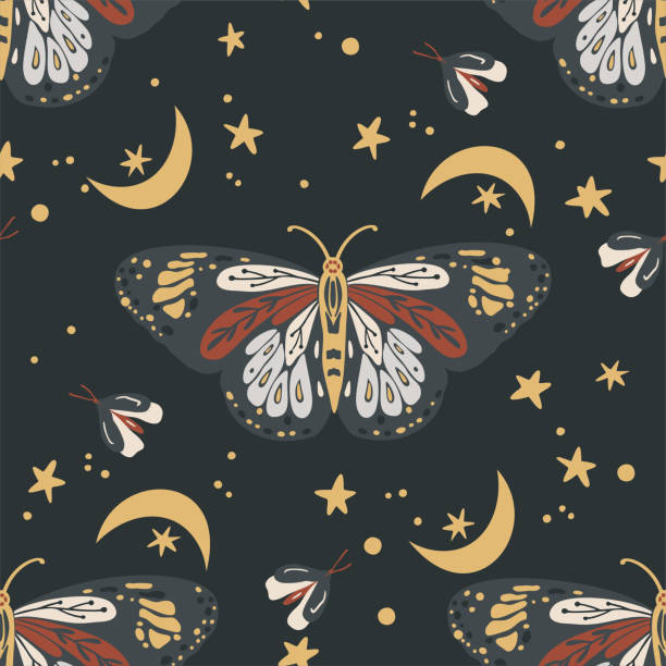 boho schmetterling nahtlose wiederholung - butterfly backgrounds seamless pattern stock-grafiken, -clipart, -cartoons und -symbole