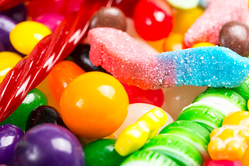 Colorful sweets and candy Top view and Close up background with copy space