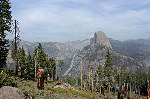 Half-dome at Yosemite National Park. Picture taken from high altitude viewpoint. Yosemite valley overview.