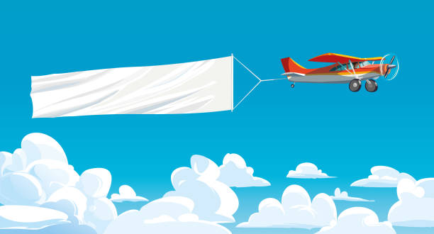 ilustraciones, imágenes clip art, dibujos animados e iconos de stock de avión rojo con publicidad de cinta, en el cielo por encima de las nubes. vector - tirar de