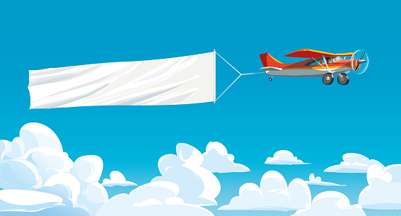Aircraft red with ribbon banner advertising, in the sky above the clouds. Vector airplane illustration.