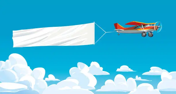 Vector illustration of Aircraft red with ribbon banner advertising, in the sky above the clouds. Vector