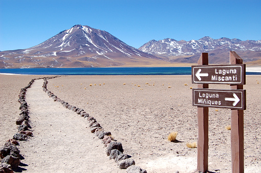 Beautiful landscape with mountains and a blue lake in Atacama desert.