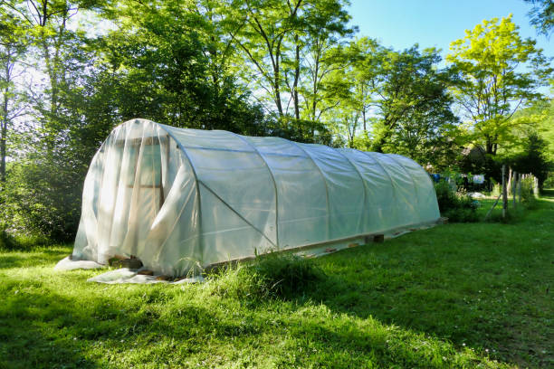 polytunnel under construction - construction frame plastic agriculture greenhouse imagens e fotografias de stock