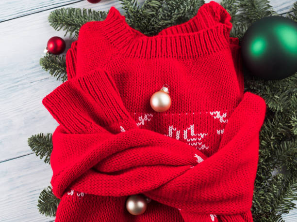istock Red ugly christmas sweater with green ornament 1291838765