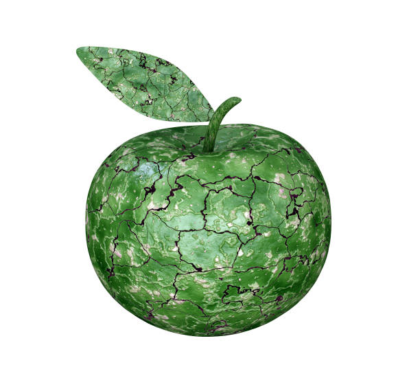 jeden zielony zły zgniły jabłko z bliska odizolowany na biały, niezwykły owoc, 3d render - apple rotting bad apple fruit zdjęcia i obrazy z banku zdjęć
