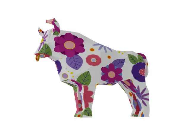 Photo of Figurine of polygonal Bull with flowers spots, a symbol of the new year 2021, 3d render