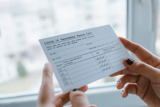 istock Woman holding COVID-19 Vaccination Record Card. 1291841196