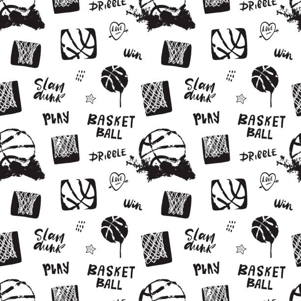 Seamless pattern with ball and lettering for basketball. Sports background, hand drawing, grunge style, ink. Text: slam dunk, play, win. Sports background with ball and lettering for basketball. Text: slam dunk, play, win. heart shaped basketball stock illustrations