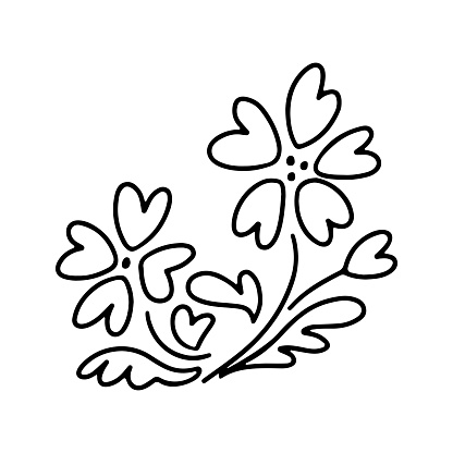 Hand drawn flowers with a hearts in doodle style isolated on white background. Vector outline illustration. Design for greeting card, banner, web, sticker, coloring book, Valentines day