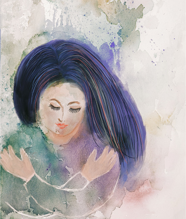 Woman embracing herself. Concept of self love. Watercolor painting on paper with digital enhancement. My own work.