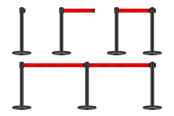 Vector illustration of Realistic vector retractable belt stanchion. Crowd control barrier posts with caution strap. Queue lines. Restriction border and danger tape