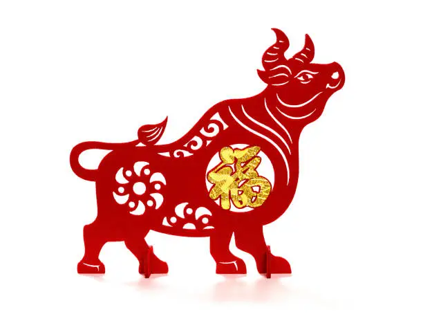 an ox mascot on a white background the Chinese means good luck