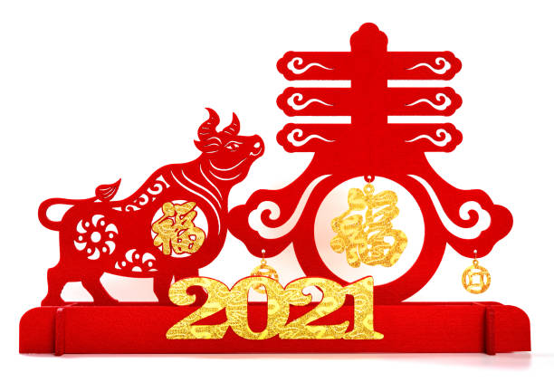 mascote de boi e símbolo da primavera como símbolo do ano novo chinês do boi no branco os chineses significa primavera e boa sorte - luck - fotografias e filmes do acervo