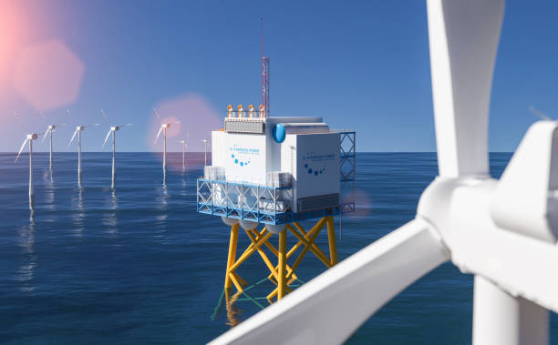 Hydrogen renewable offshore energy production - hydrogen gas for clean electricity solar and windturbine facility Hydrogen renewable offshore energy production - hydrogen gas for clean electricity solar and windturbine facility. 3d rendering. offshore wind farm stock pictures, royalty-free photos & images